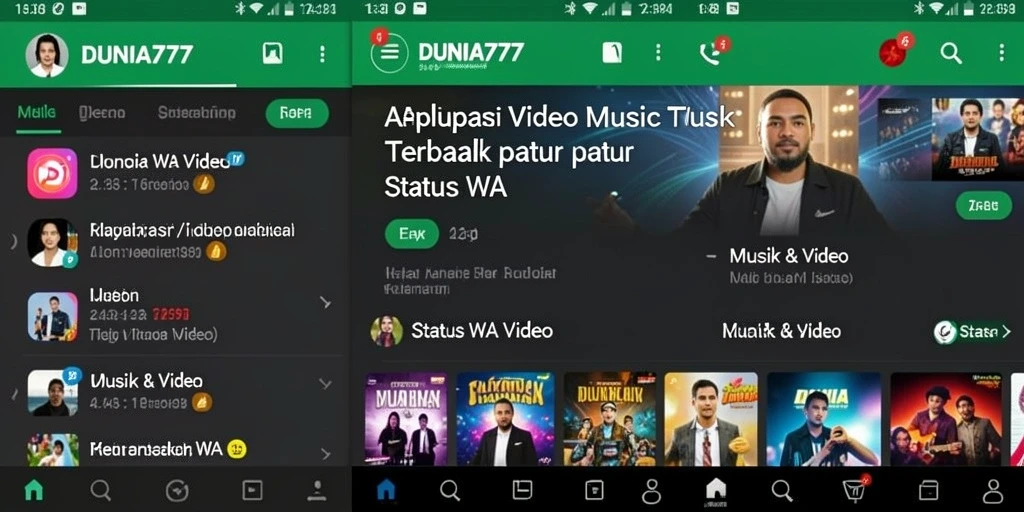 Tampilan antarmuka aplikasi DUNIA777 untuk status video musik.