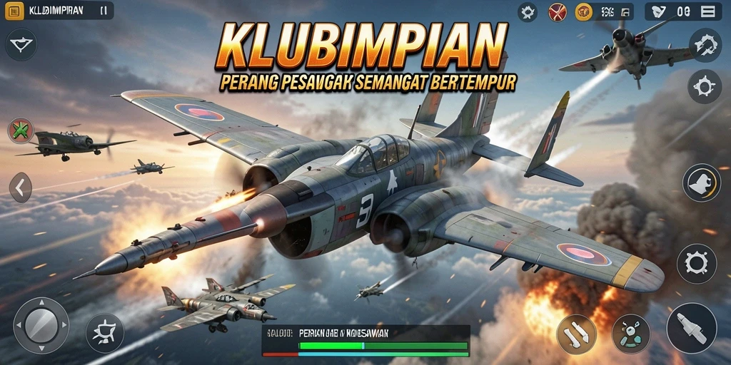 Screenshot antarmuka KLUBIMPIAN menampilkan aksi pertempuran pesawat yang mendebarkan.