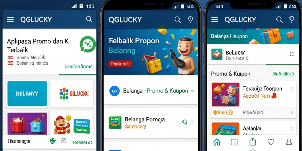 Tampilan antarmuka aplikasi QGLUCKY dengan berbagai kupon menarik.