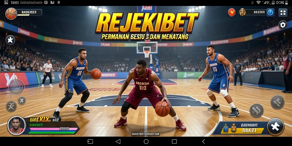 Tampilan antarmuka REJEKIBET dengan aksi pertandingan Basket.